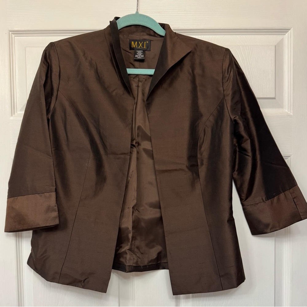 MXI Women's Elegant silk Brown open front Blazer